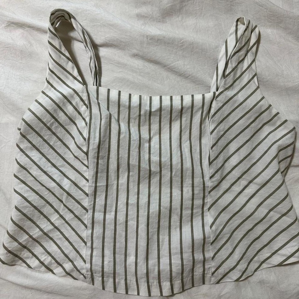Maurice's Women's Top L Olive Green White Striped Cotton Cropped Classic Casual